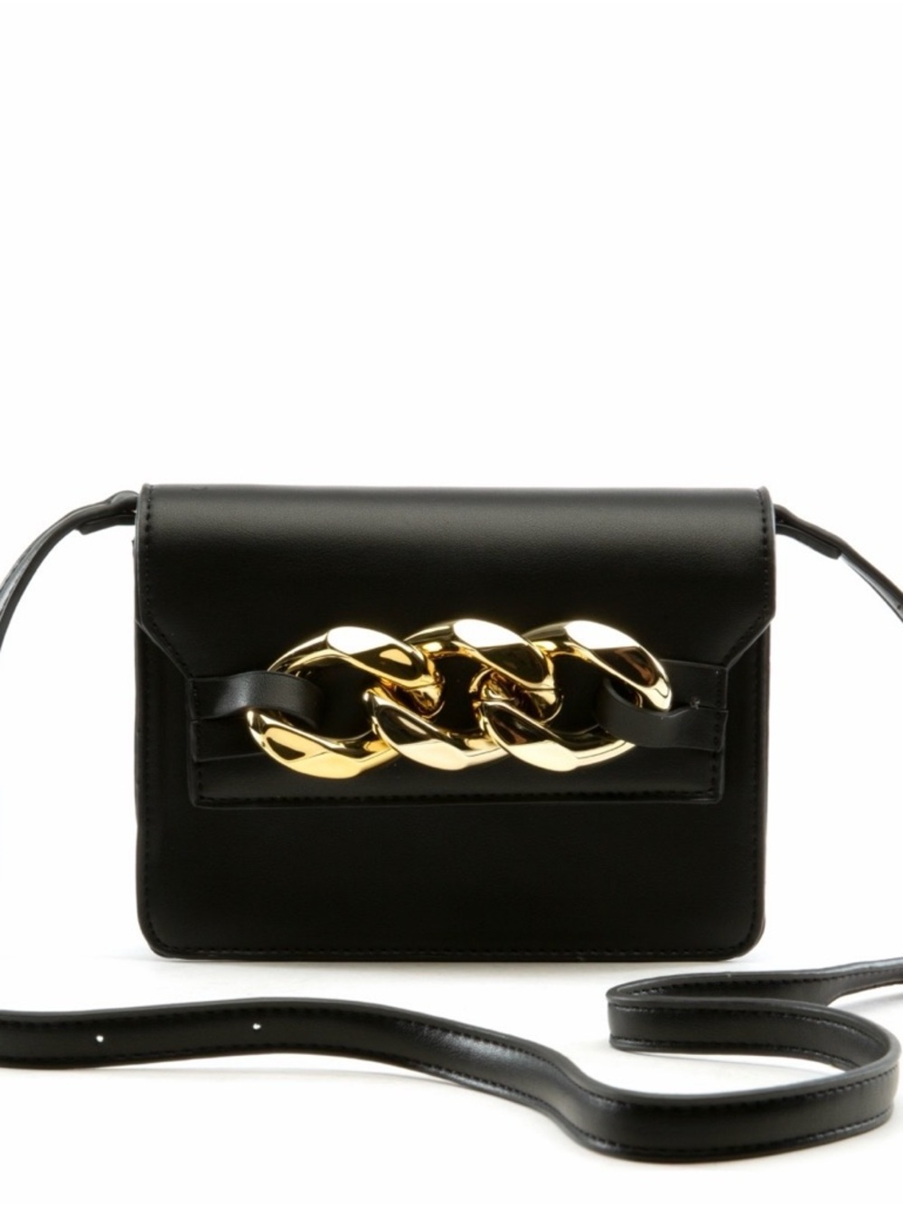 Black Faux Leather Crossbody Bag with Gold Chain Accent